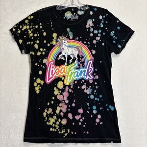 Lisa Frank Women’s Black Markie Unicorn Rainbow T-Shirt Splatter Paint Large